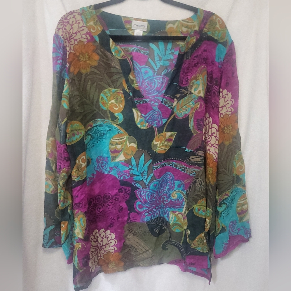 Chico's Sz 3 Colorful Purple Green Gold V-Neck 100% Silk Long Tunic Top Floral